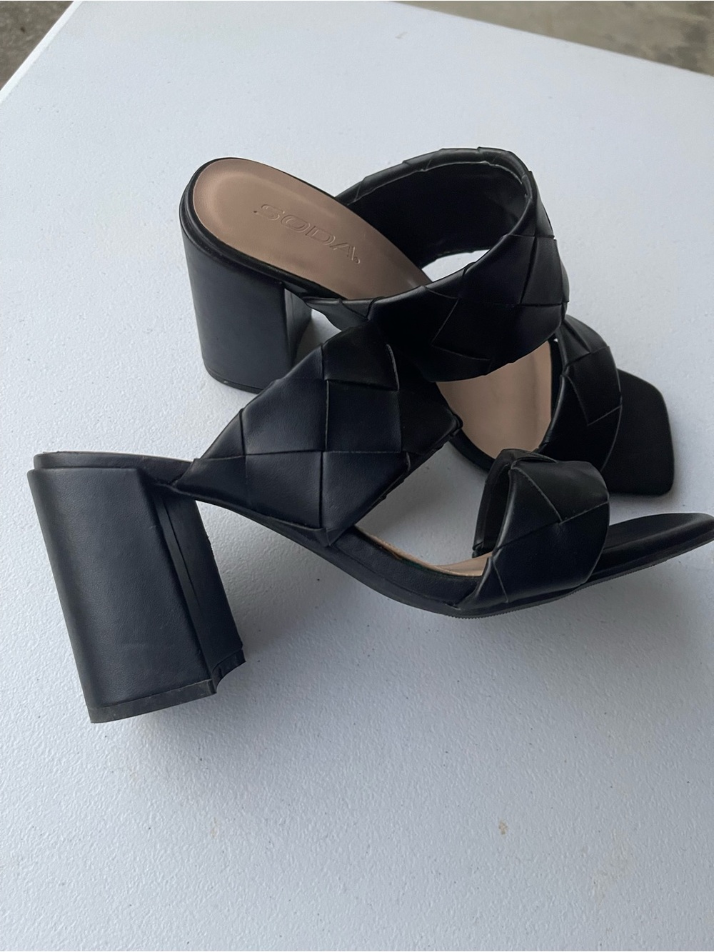 Soda Black Woven Double Strap Block Heel Sandals